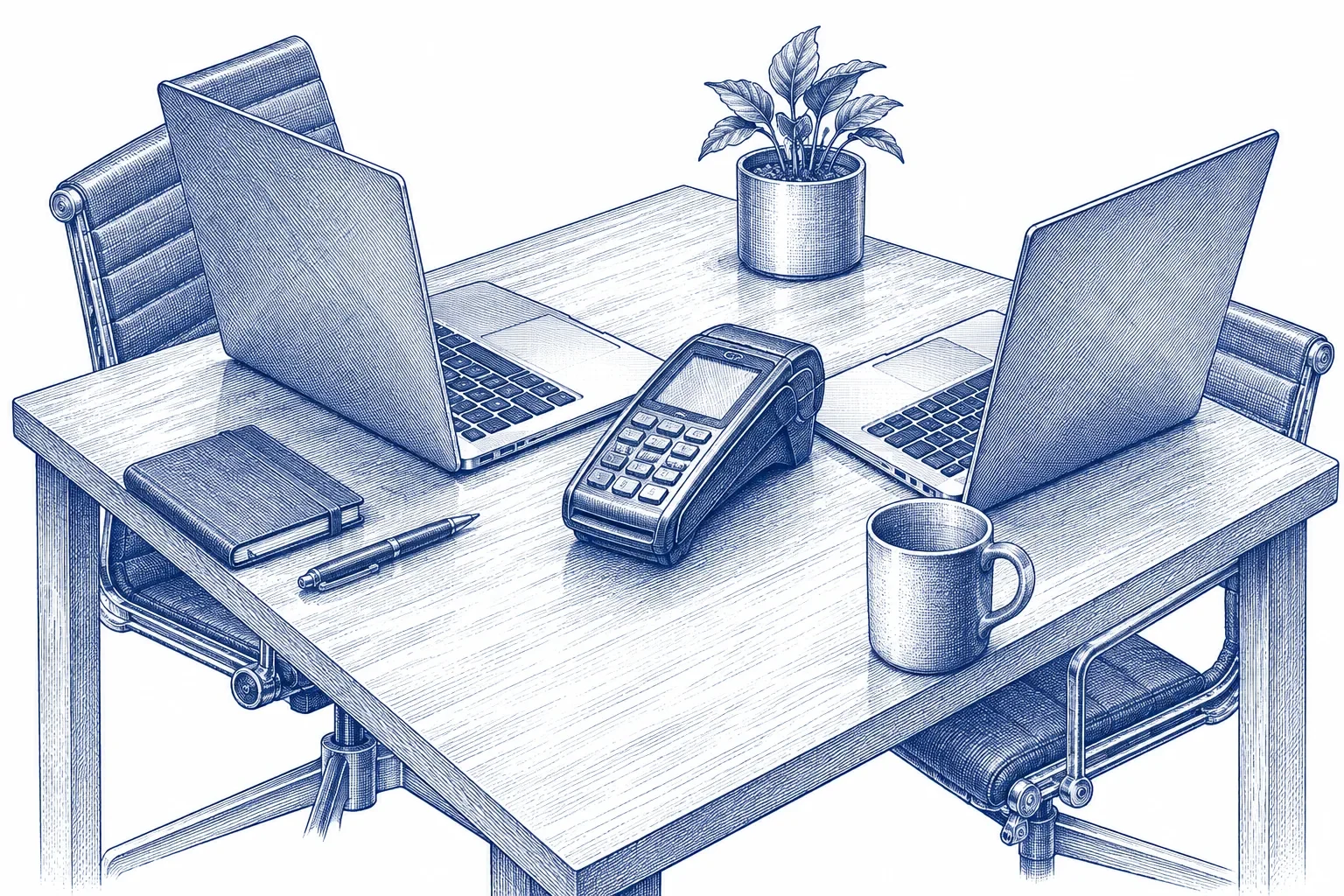 Engraving of two laptops facing each other across a desk with a card terminal between them