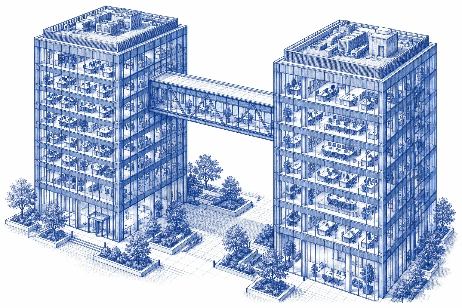 Engraving of two office towers joined by a skybridge