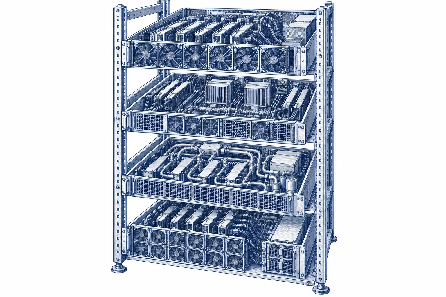 Engraving of four different GPU server chassis stacked in one open rack, each with a different internal layout