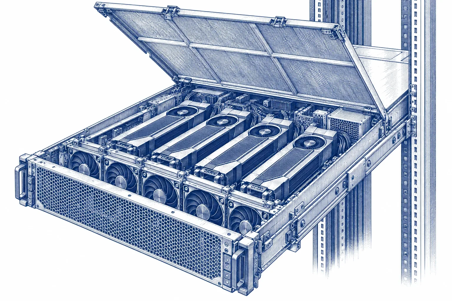 Engraving of a single GPU server chassis pulled out of a rack on its rails, lid open to show the GPUs