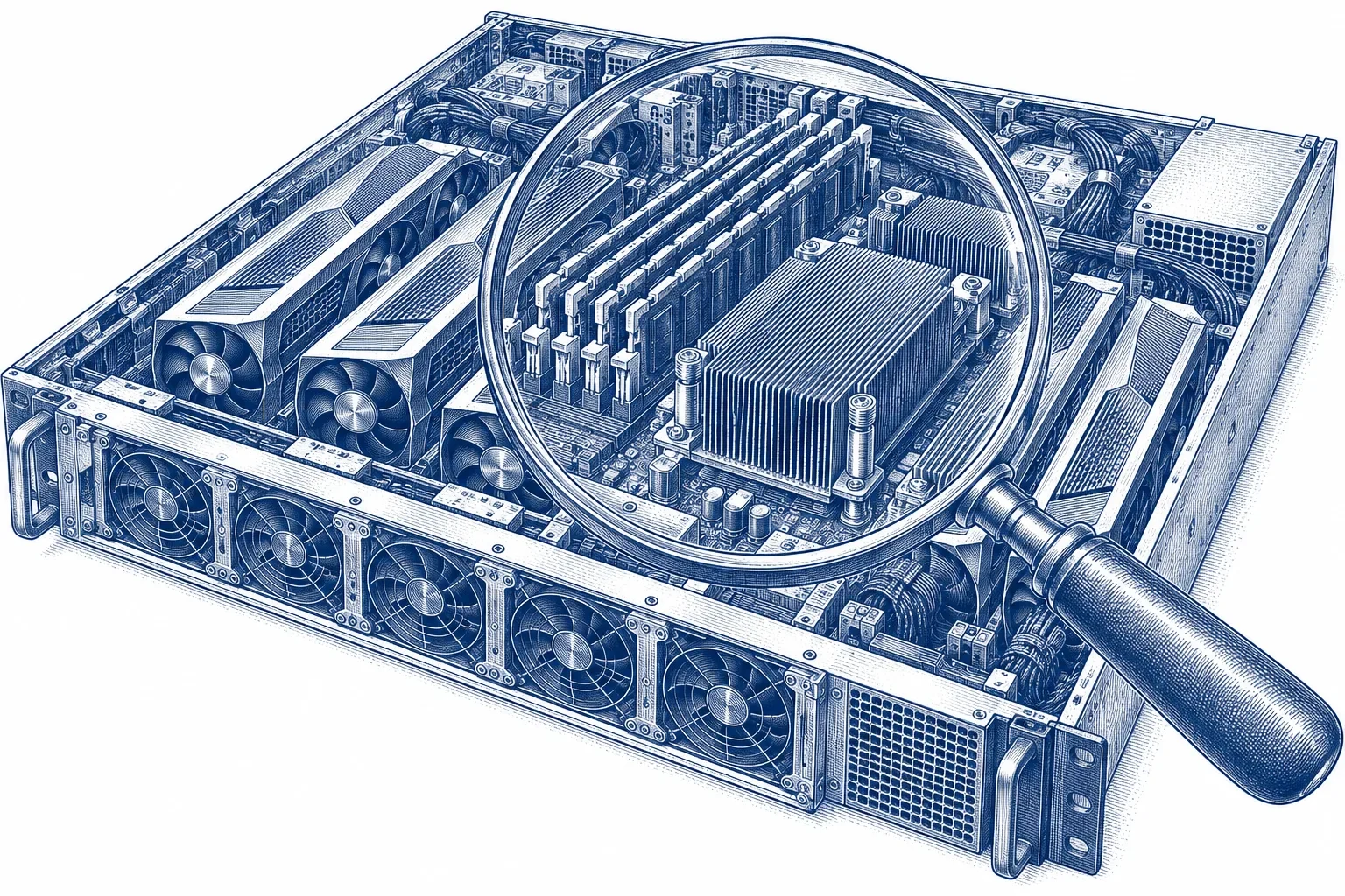 Engraving of a magnifying glass over an open GPU server tray