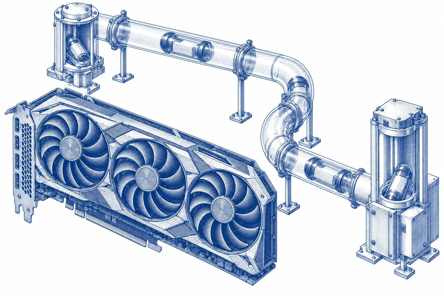 Engraving of a graphics card beside a pneumatic tube dispatch system