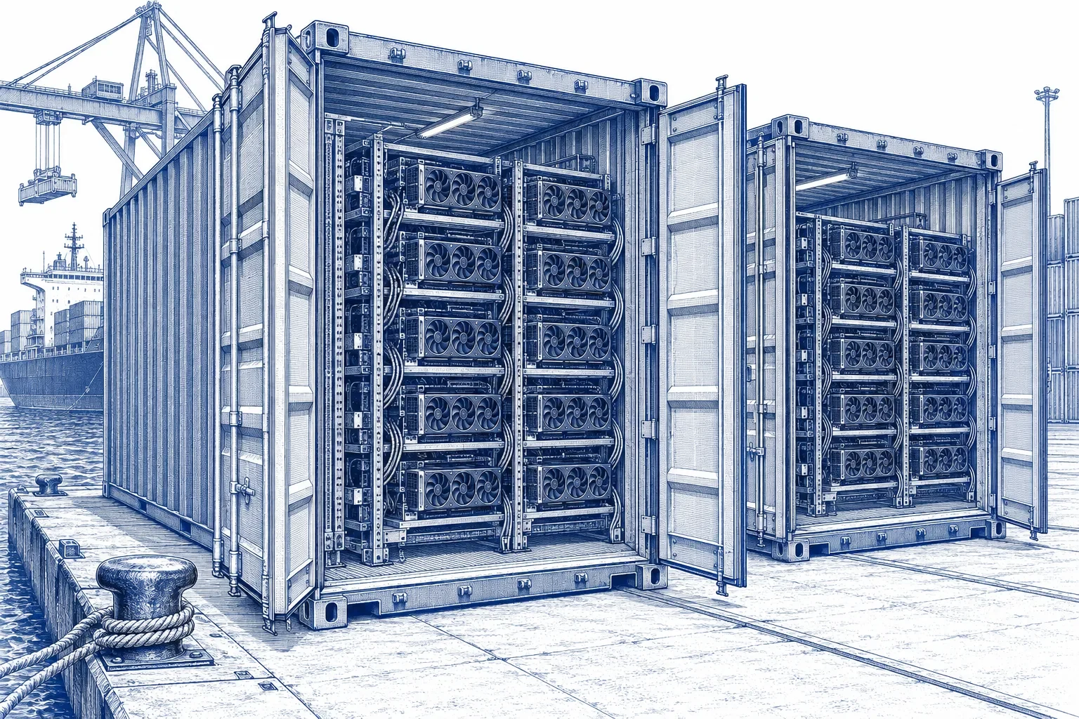 Engraving of two open shipping containers holding GPU server racks
