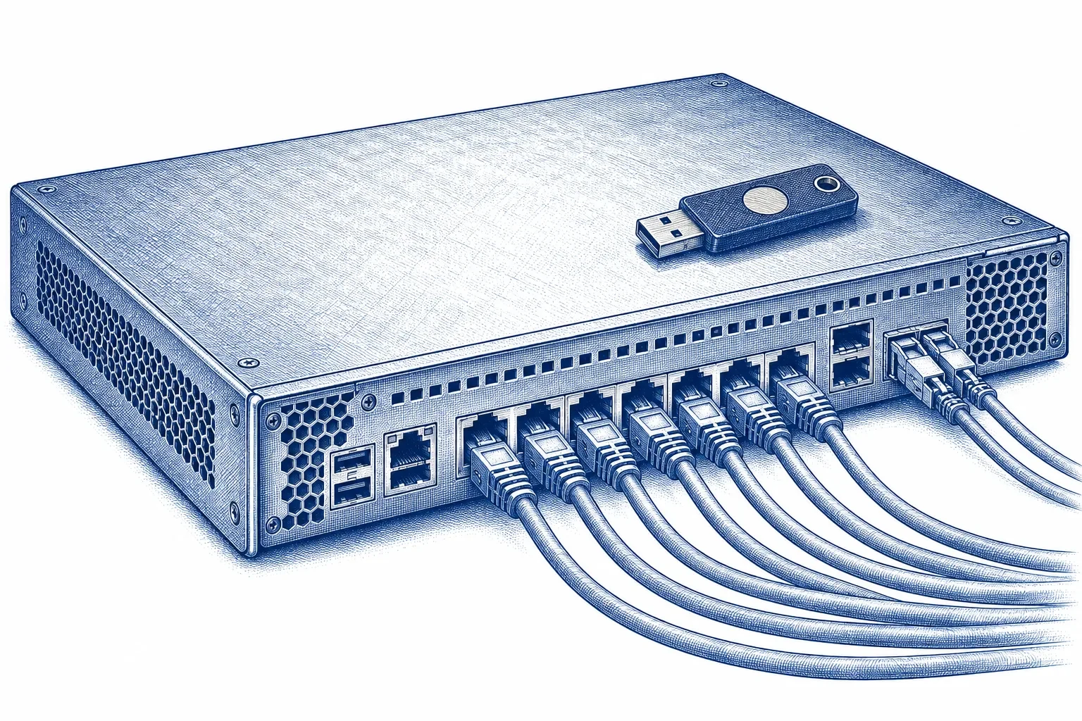 Engraving of a firewall appliance with network cables plugged in and a hardware security key resting on top