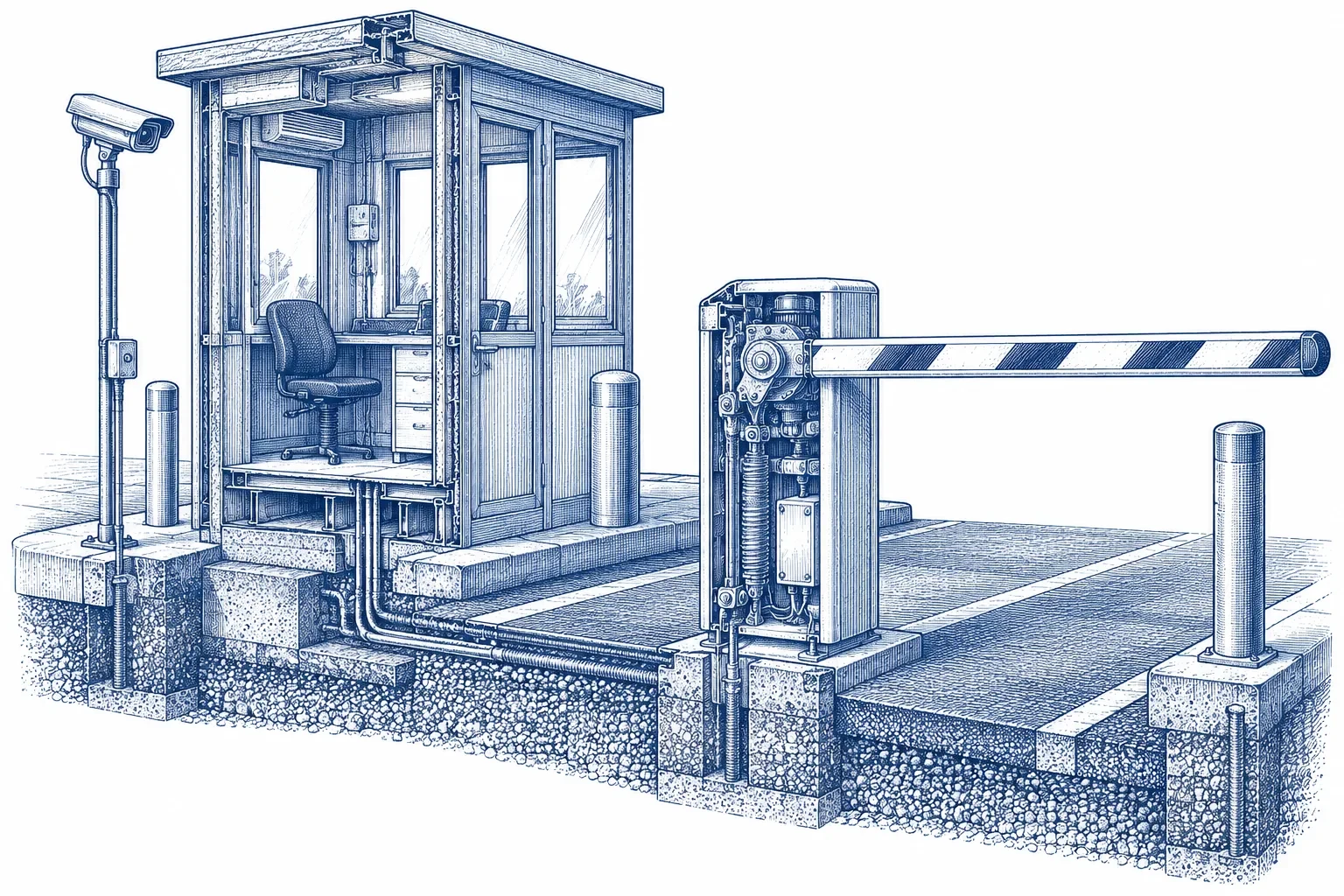 Cutaway engraving of a security checkpoint with a barrier, booth and camera