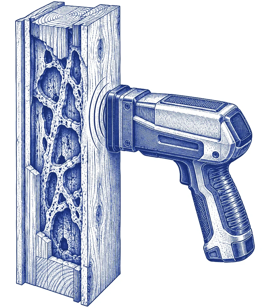 Engraving of a termite-damaged timber stud under a handheld detector