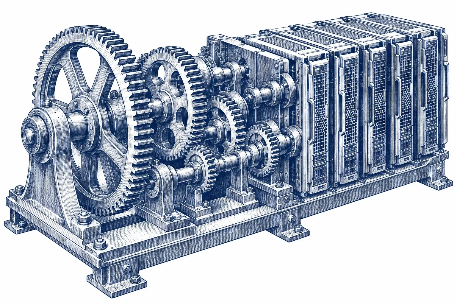 Engraving of interlocking gears driving a row of server blades