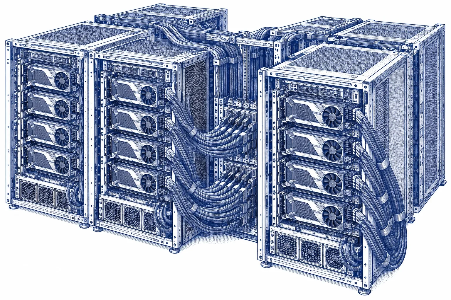 Engraving of a cluster of GPU servers joined by thick bundles of high-speed interconnect cables