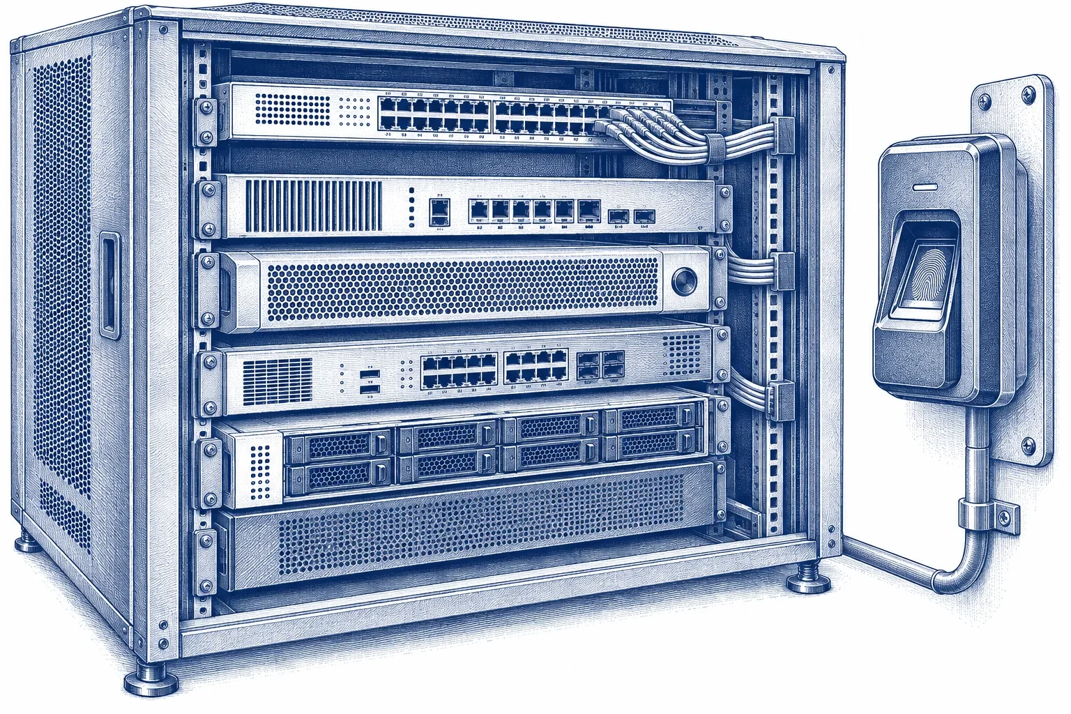 Engraving of a rack of different security appliances with a biometric fingerprint reader mounted beside it