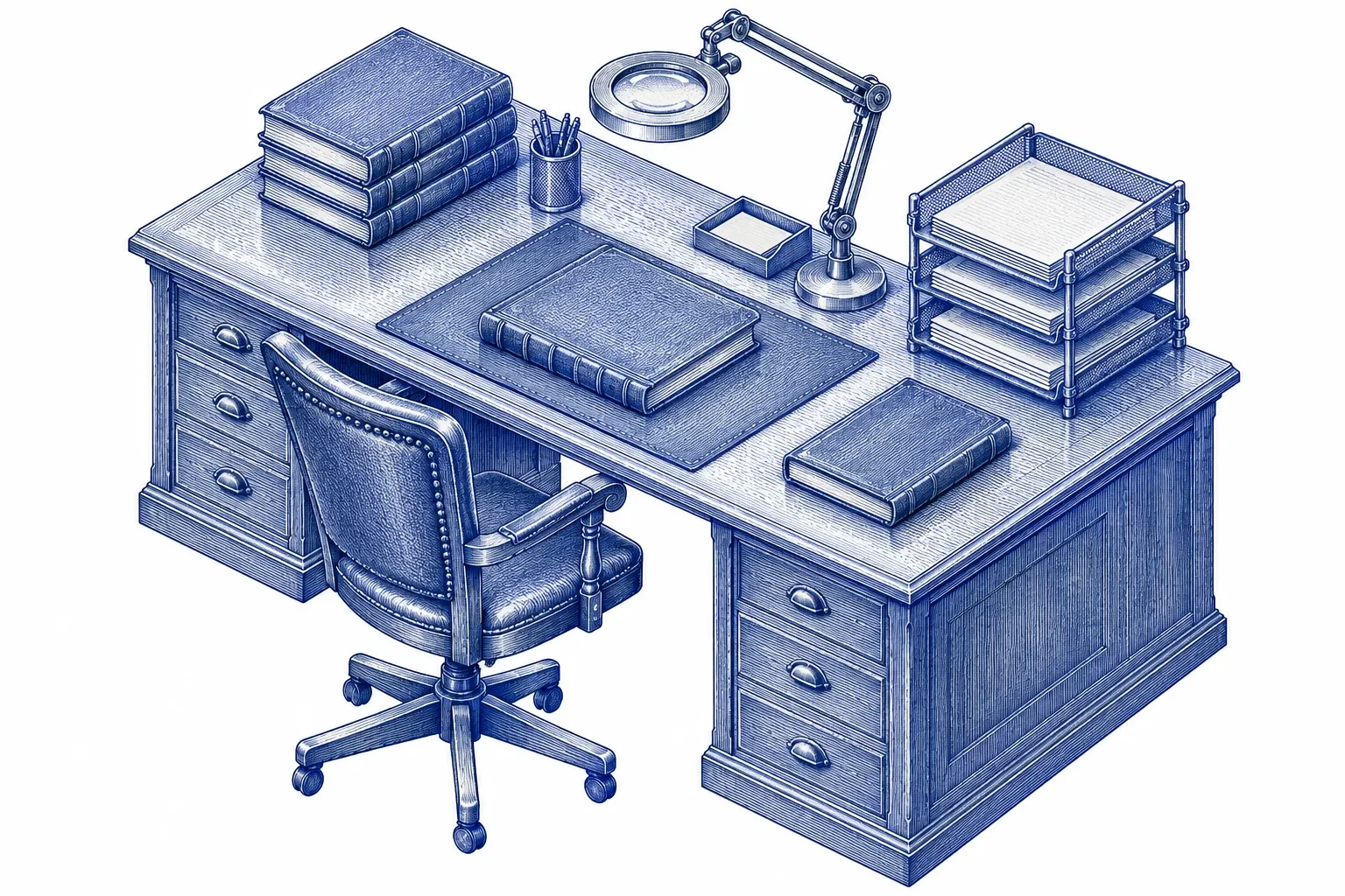Engraving of an auditor's desk with a magnifying lamp and ledgers