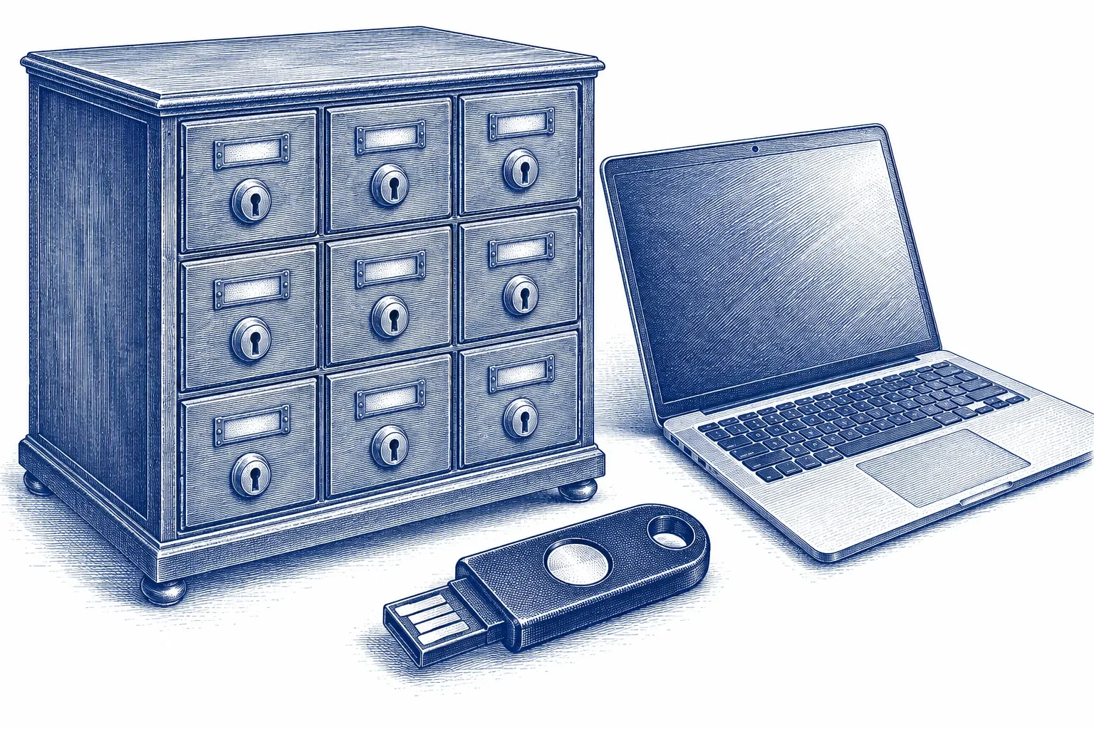 Engraving of a cabinet of locked drawers beside a laptop and a hardware security key