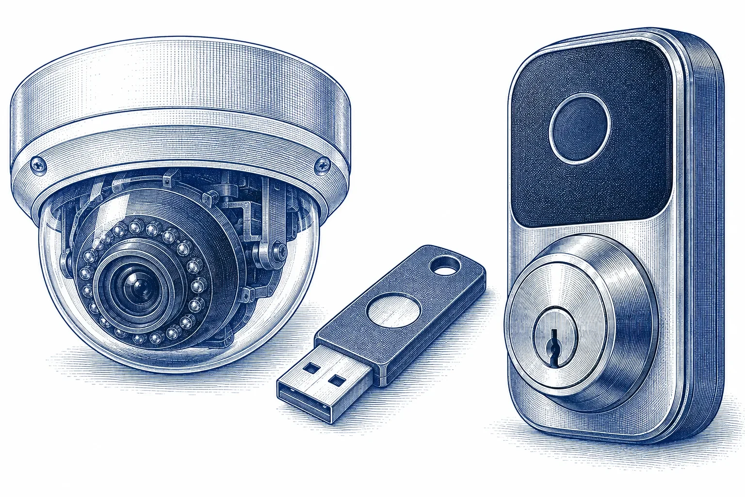 Engraving of two security appliances side by side with a hardware security key between them