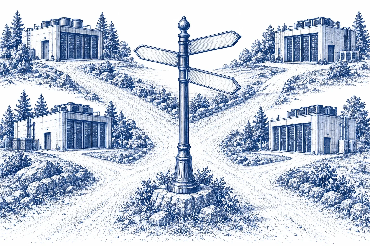 Engraving of a crossroads with blank signposts pointing toward data halls