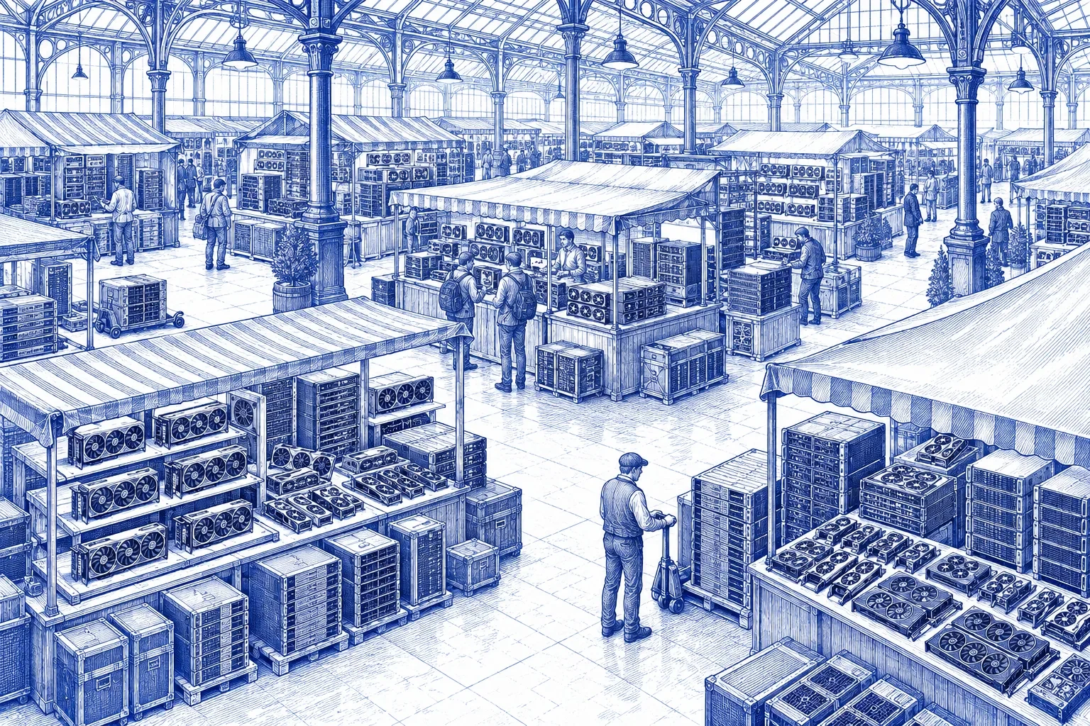 Engraving of a market hall with stalls displaying graphics cards and servers