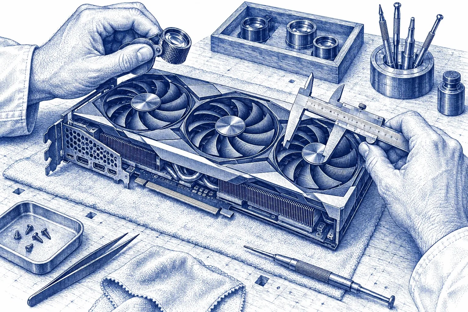 Engraving of a loupe and calipers examining a graphics card on a workbench