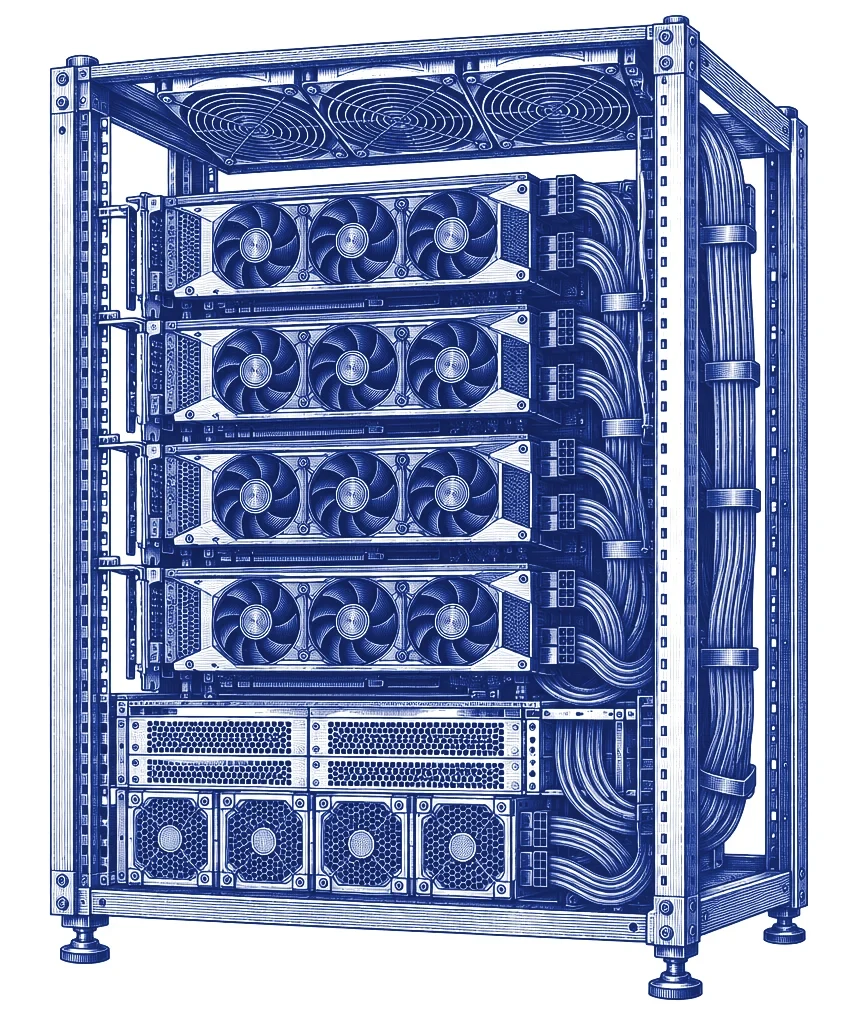 Engraving of an open server rack filled with accelerator cards