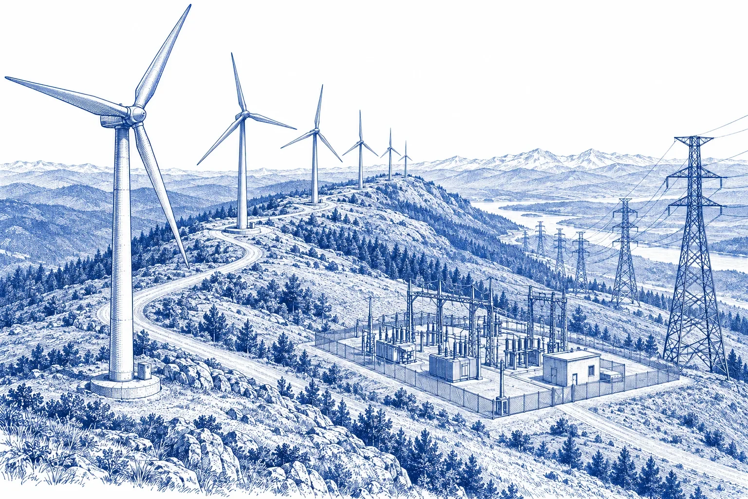 Engraving of a row of modern wind turbines along rolling ridgelines, with an access track, a collector substation and high-voltage transmission towers leading away across the land